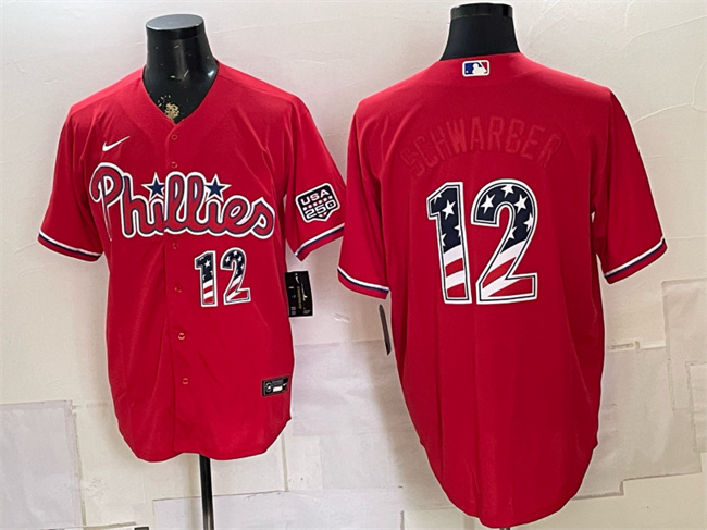 Men's Philadelphia Phillies #12 Kyle Schwarber Red USA 250 Fourth of July Home Stitched Baseball Jersey